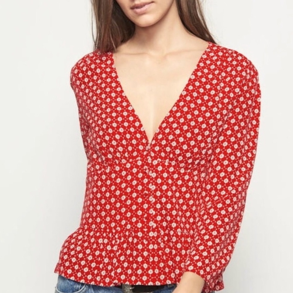 Ba&sh Red Carlo Rouge Peplum Top Button Blouse Red White Size 0